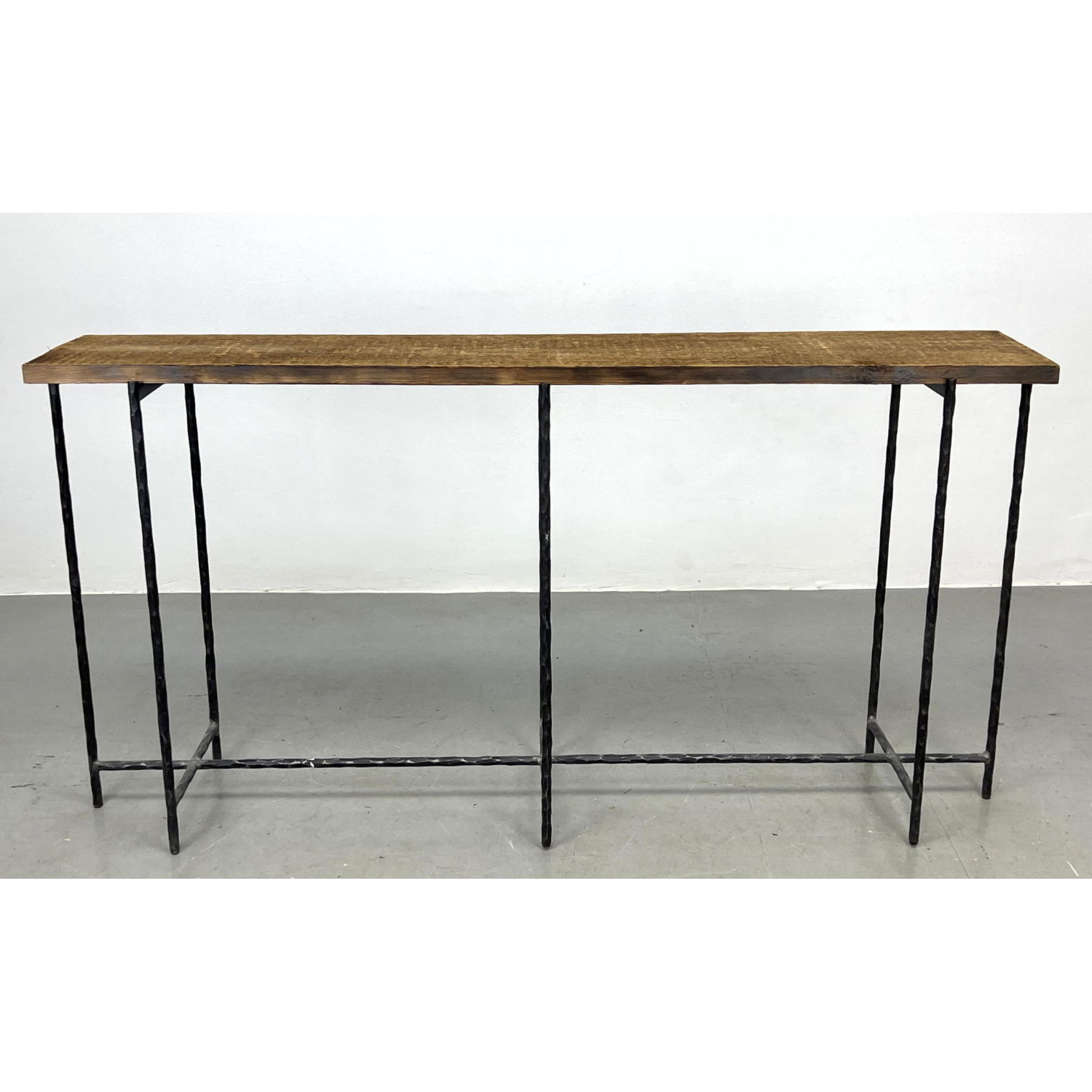 Appraisal: Rustic Wood Console Hall Table Wrought iron Base Frame Dimensions