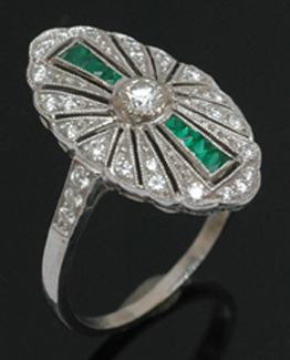 Appraisal: An Art Deco style emerald and diamond plaque ring The