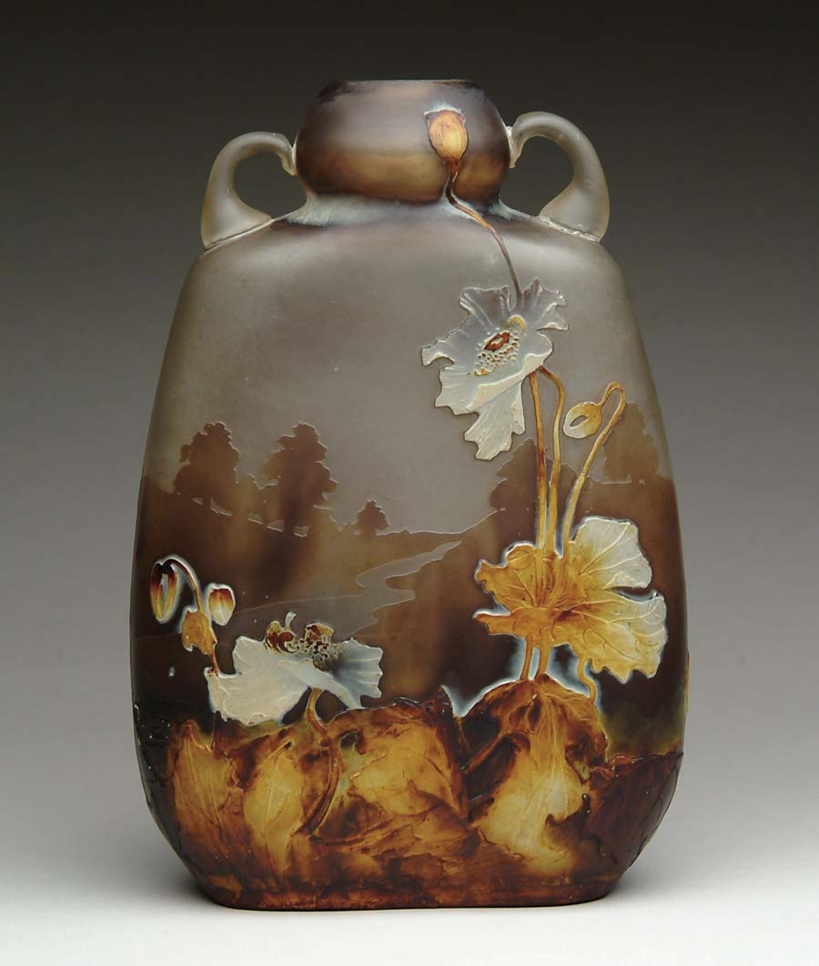 Appraisal: MULLER FLUOGRAVURE VASE Wonderful Muller vase has cameo leaves stems