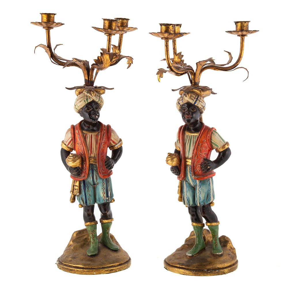 Appraisal: Pair of Continental Blackamoor Light Candelabra First half- th century