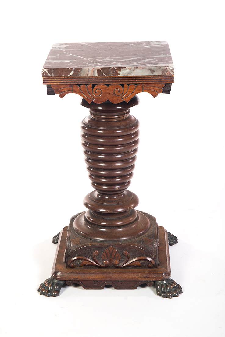 Appraisal: LATE VICTORIAN MARBLE TOP PEDESTAL American ca walnut Beehive turned