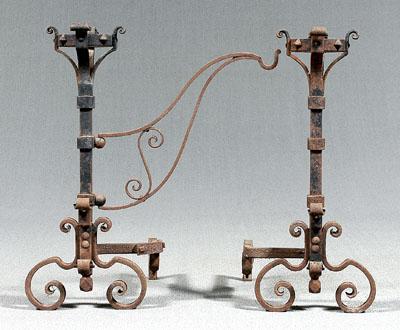 Appraisal: Pair wrought andirons large scale with rolled openwork tops stepped