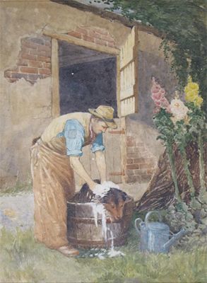 Appraisal: J Quayle late th Century A farmer washing his sheepdog