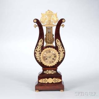 Appraisal: Ormolu-mounted Mahogany Veneered Lyre Mantel Clock France c the gilt