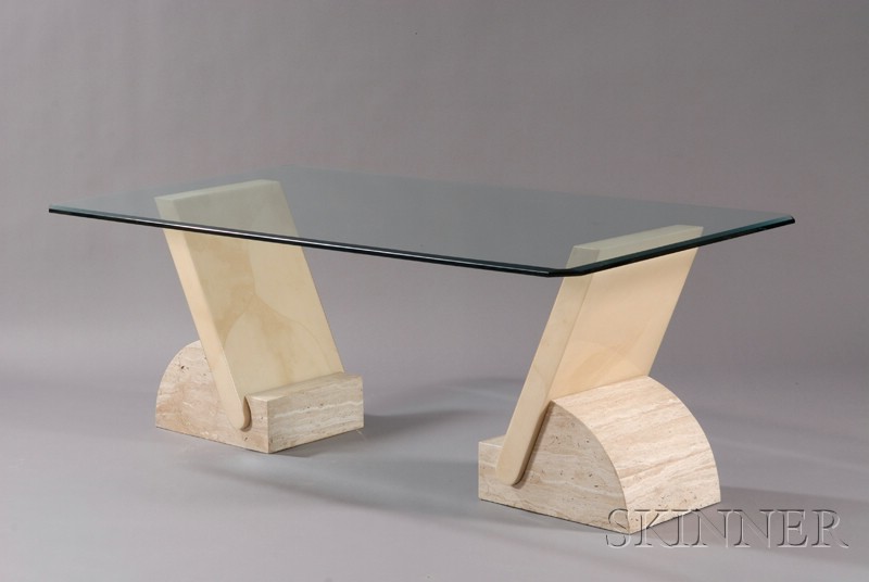 Appraisal: Glass-top Travertine Marble Laminated Dining Table possibly Karl Springer rectangular