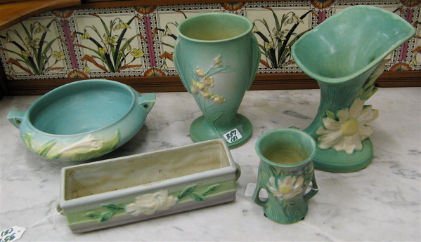 Appraisal: FIVE PIECES ROSEVILLE POTTERY two are Peony pattern a cornucopia