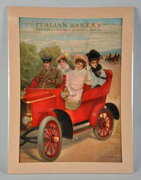 Appraisal: Paper Poster Featuring Touring Car Description Advertising the Italian Bakery