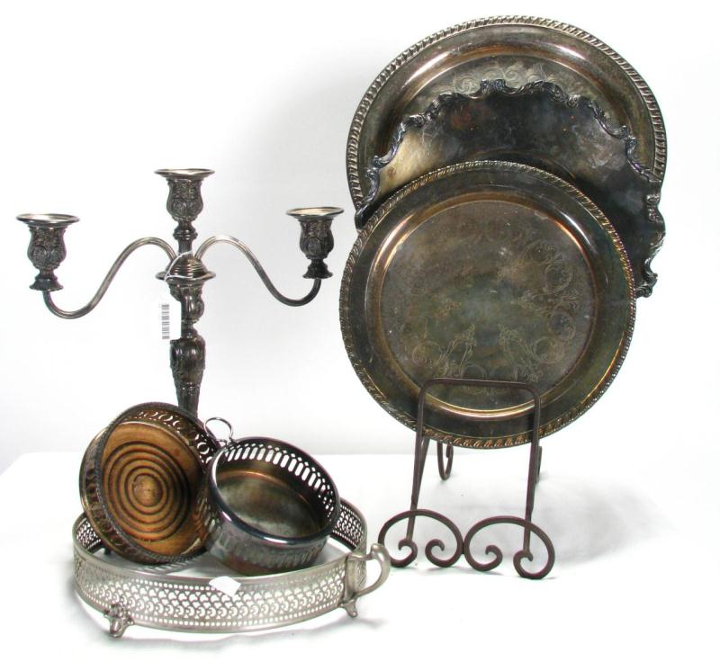 Appraisal: Group of Silver Plate Accessories including three-branch candlestick three trays