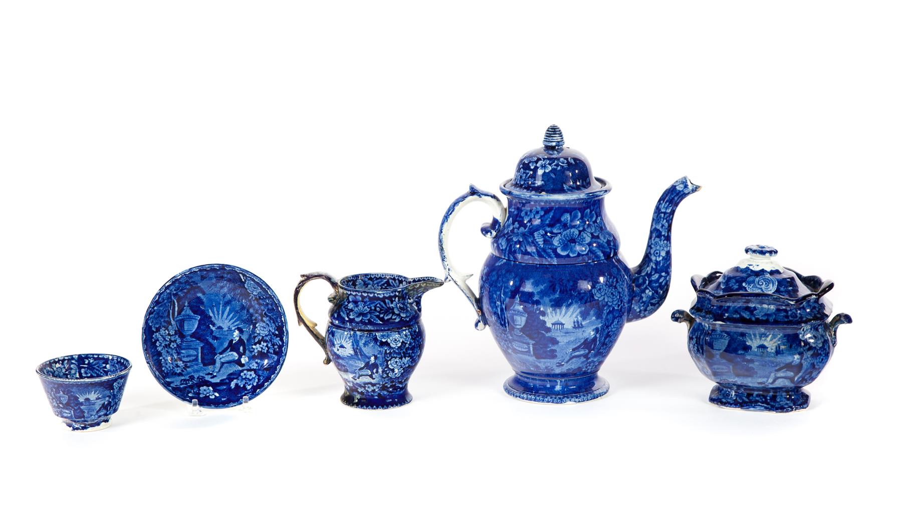 Appraisal: ASSEMBLED FOUR-PIECE HISTORICAL BLUE TEA SET LAFAYETTE AT FRANKLIN'S TOMB