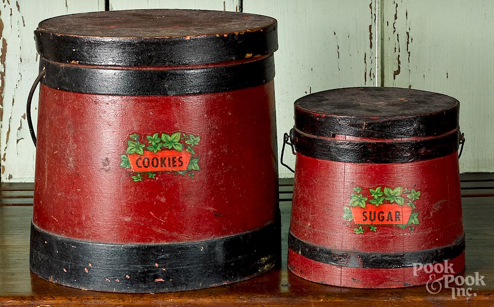 Appraisal: Two painted firkins Two painted firkins late th c Cookies