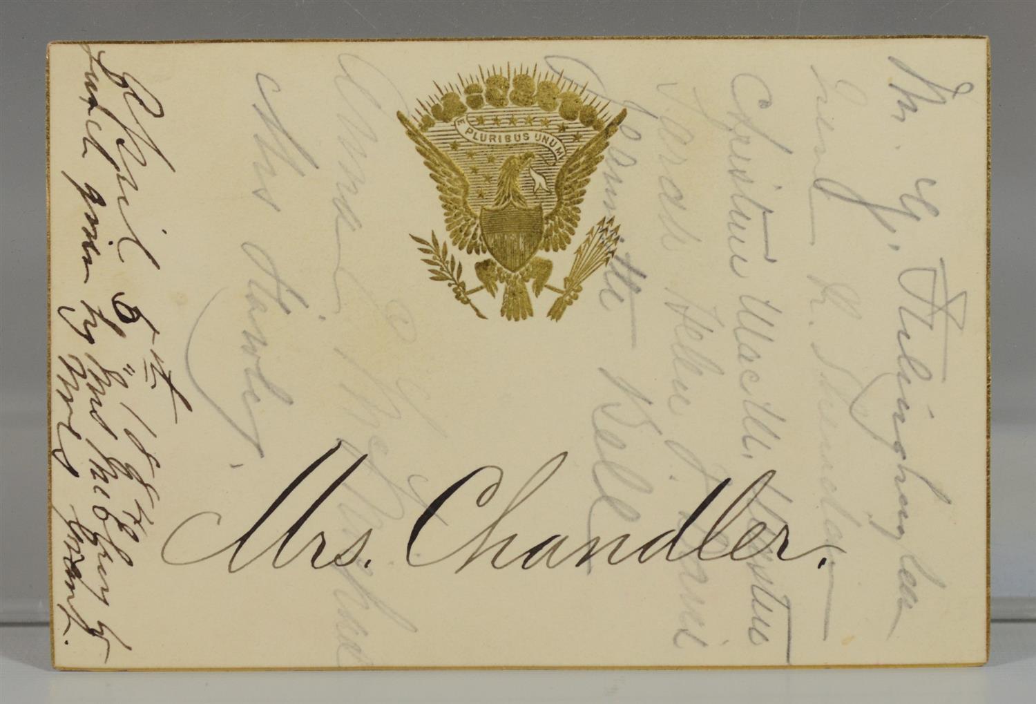 Appraisal: Autographed and inscribed White House place card for Mrs Chandler