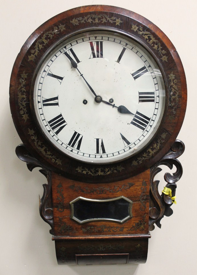 Appraisal: A thC rosewood double fusee American style wall clock the