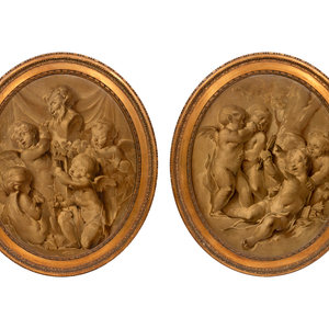 Appraisal: French School th Century Cherubs two works grisaille oil on