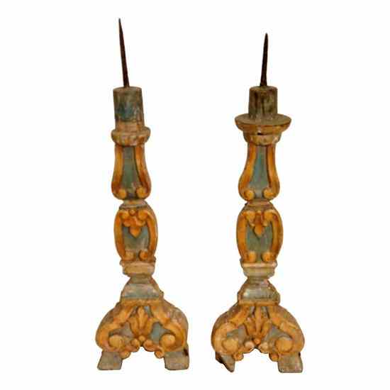 Appraisal: A Pair of Indo-Portuguese Baroque Painted Teak Candlesticks Goa circa