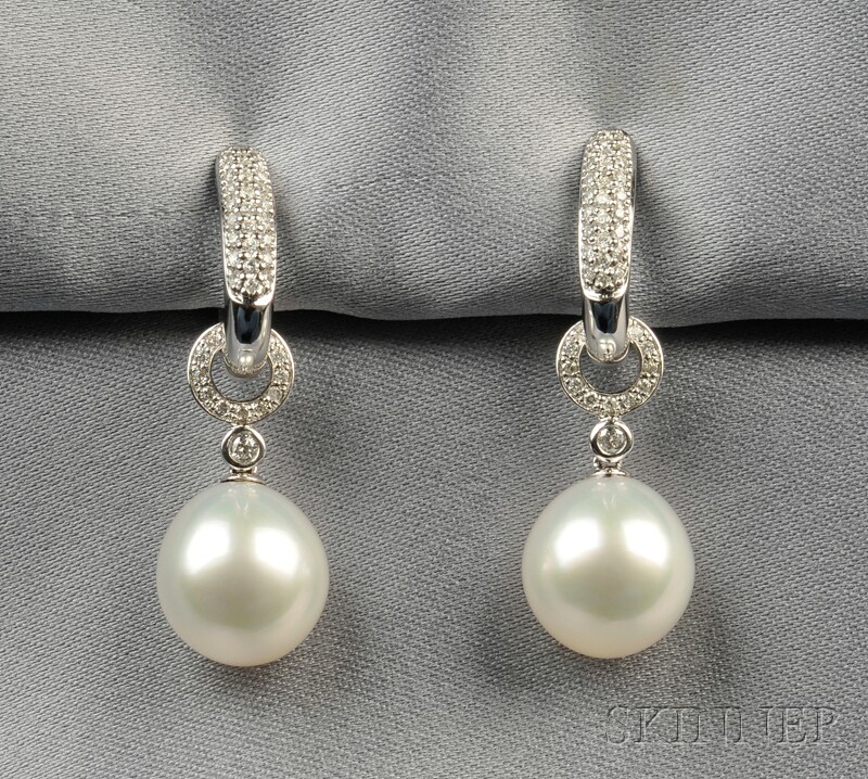 Appraisal: kt White Gold South Sea Pearl and Diamond Earpendants each