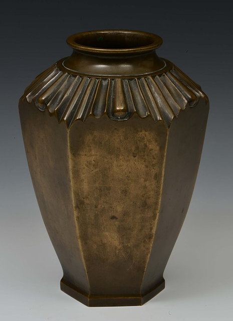 Appraisal: A JAPANESE BRONZE HEXAGONAL TAPERING VASE with reeded neck of