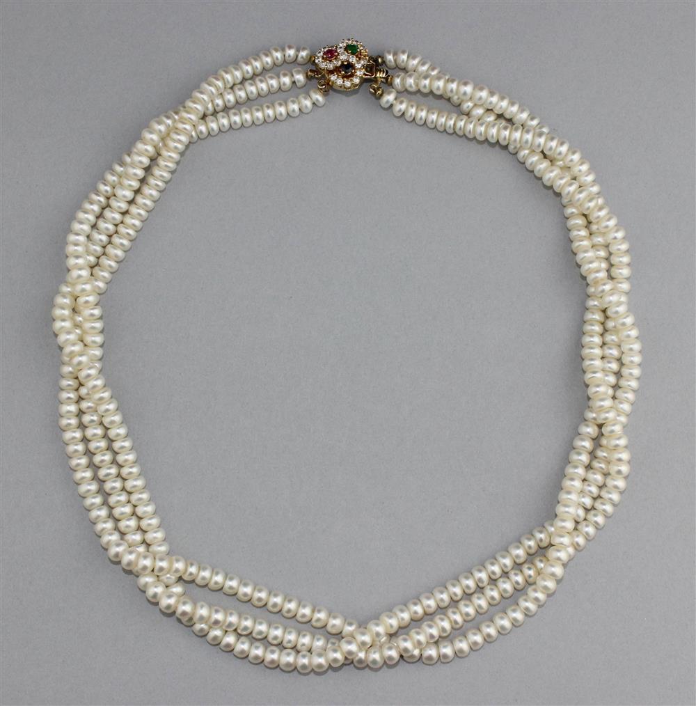 Appraisal: CULTURED FRESHWATER PEARL TRIPLE STRAND NECKLACE WITH K YELLOW GOLD