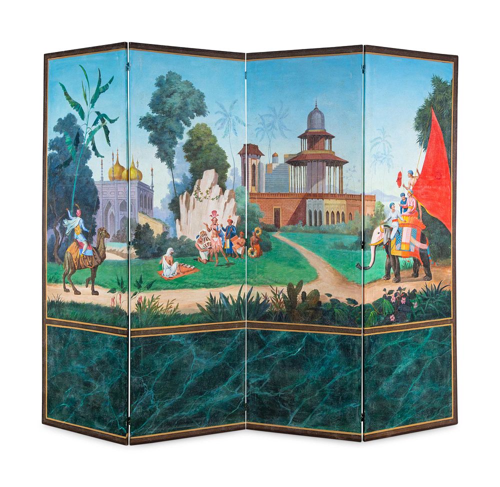 Appraisal: A French Scenic Wallpaper Four-Panel Screen A French Scenic Wallpaper