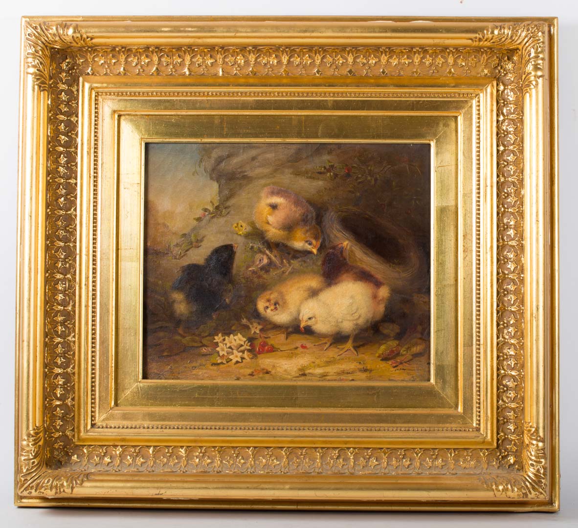 Appraisal: Framed oil on canvas of baby chicks Undernumber