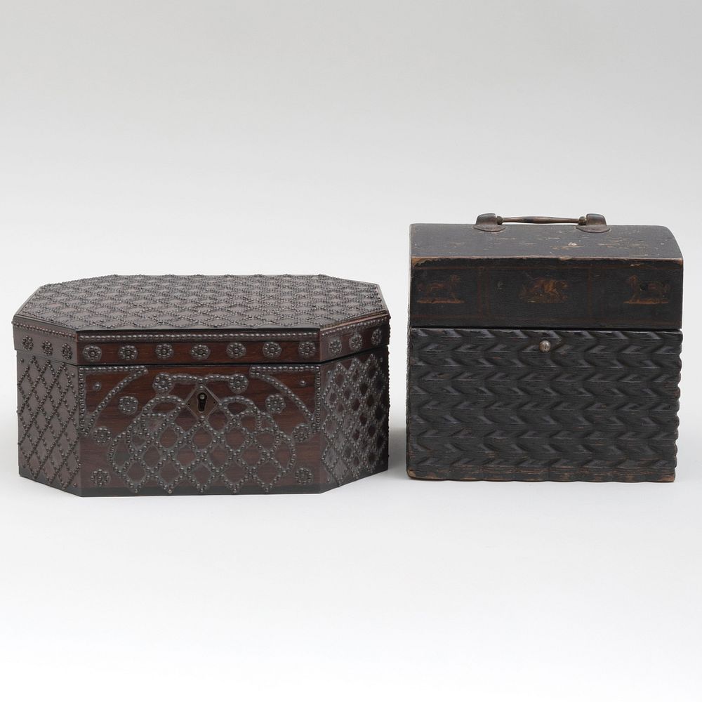 Appraisal: English Octagonal Studwork Box and a Ebonized Box Carved with