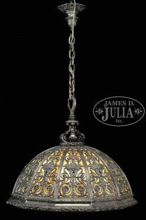 Appraisal: IMPRESSIVE TWELVE PANEL SILVERED HANGING DOME LAMP CAST WITH GROTESQUE