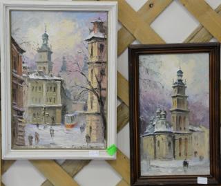 Appraisal: Two oil on board painting Russian Winter Orthodox Church signed