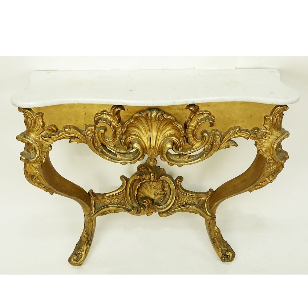 Appraisal: Italian Giltwood Console Antique Italian Giltwood Carved Marble Top Console