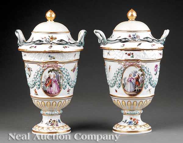 Appraisal: A Pair of Meissen Porcelain Lidded Urns th c in