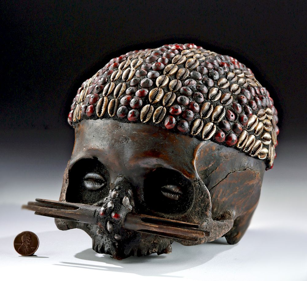 Appraisal: Early th C Asmat Skull w Beads Wood Shells Indonesia