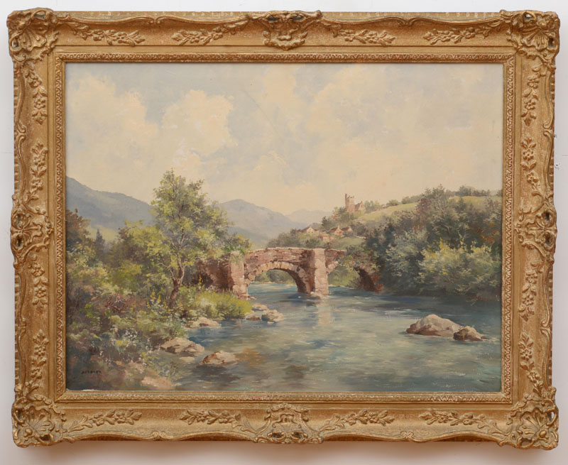 Appraisal: EUROPEAN SCHOOL LANDSCAPE WITH BRIDGE Oil on canvas signed 'Bergner'