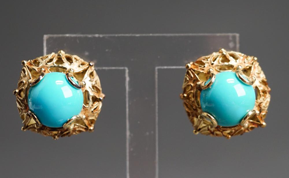 Appraisal: PAIR OF ITALIAN -KARAT YELLOW-GOLD AND TURQUOISE FRENCH CLIP BACK