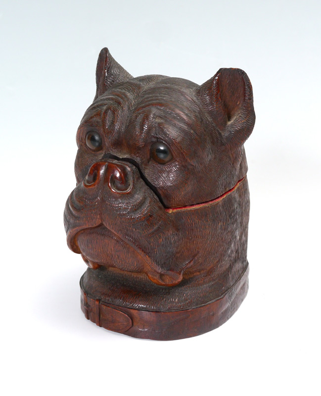 Appraisal: CARVED WOOD BULL DOG INKWELL Hinged top with glass inset