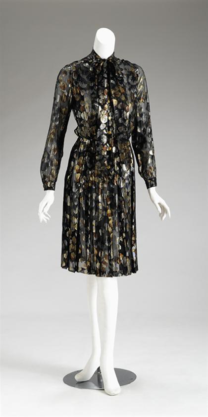 Appraisal: Chanel black silk chiffon metallic jacquard shirtwaist dinner dress s