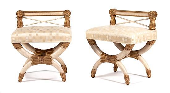 Appraisal: A Pair of Empire Style Parcel-Gilt and Cream-Painted Stools A