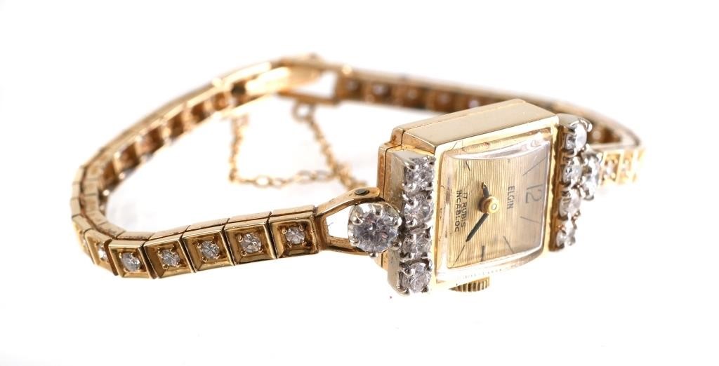 Appraisal: K GOLD DIAMONDS BRACELET WATCHVintage ladies wristwatch Elgin with replacement