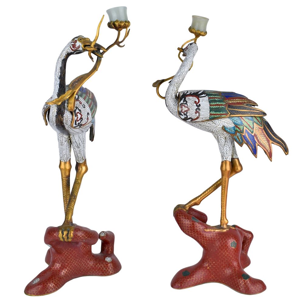 Appraisal: Pair Chinese Cloisonne Crane Candleholders Pair Of Chinese Cloisonne Cranes