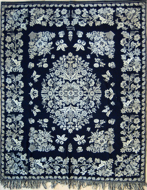 Appraisal: New Jersey blue and white jacquard coverlet ca attributed to