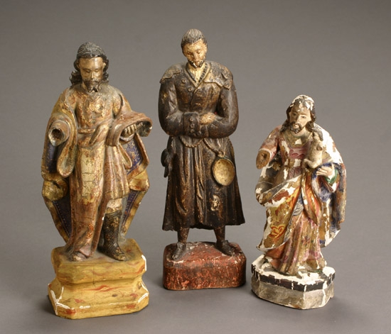 Appraisal: Three Spanish Colonial Painted Wood Santos Figures th- th Century