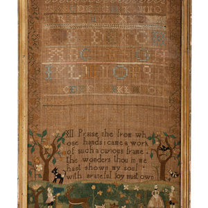 Appraisal: A Massachusetts Pictorial Needlework Sampler Circa identified Haverhill March Polly