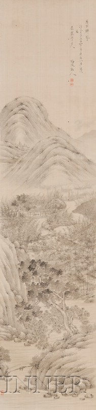 Appraisal: Hanging Scroll China ink on silk landscape signed and dated