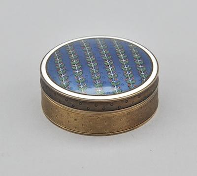 Appraisal: A European Silver Guilloche Enameled Snuff Box A round gilt