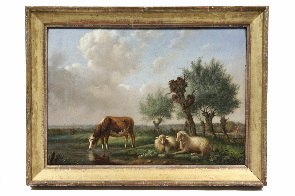 Appraisal: OIL ON PANEL - Pastoral Scene with Cow Watering and