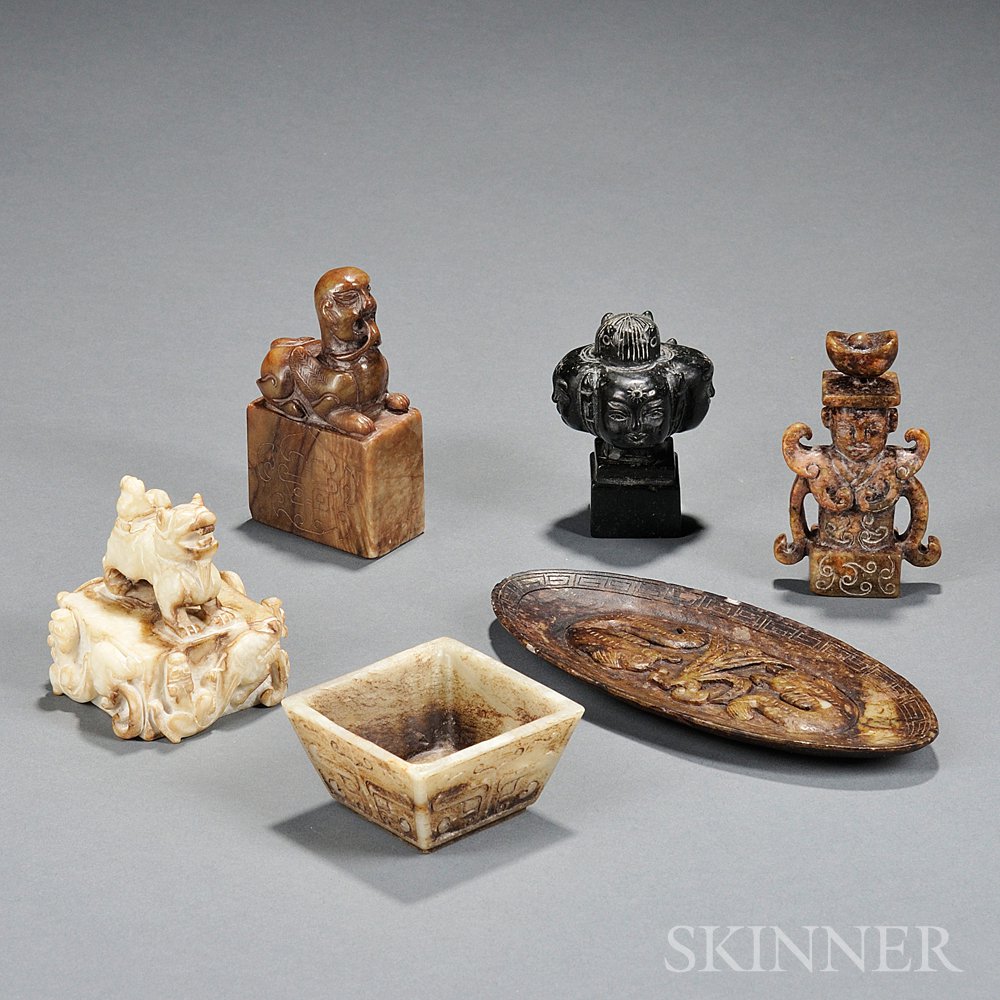 Appraisal: Six Carved Stone Items China four seals including a square