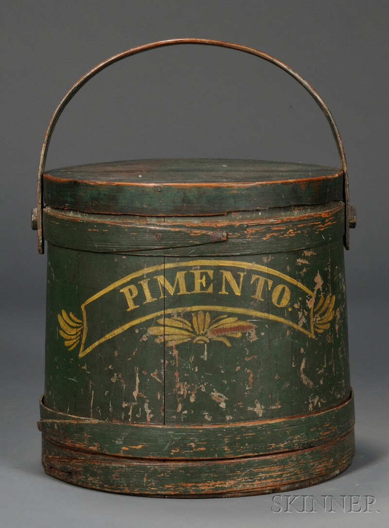 Appraisal: Green-painted PIMENTO Firkin stave and lapped-hoop constructed container with cover