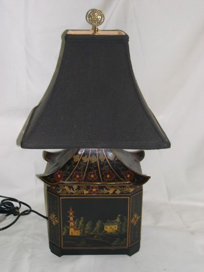 Appraisal: English Carved Black-Lacquered Polychromed and Parcel-Gilt Wooden Table Lamp of