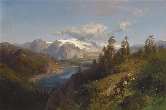 Appraisal: HERMANN HERZOG American - Herding by the River oil on