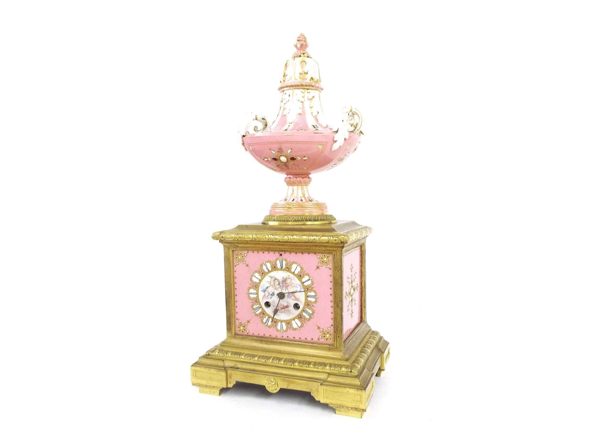 Appraisal: Good French ormolu and porcelain mounted two train mantel clock