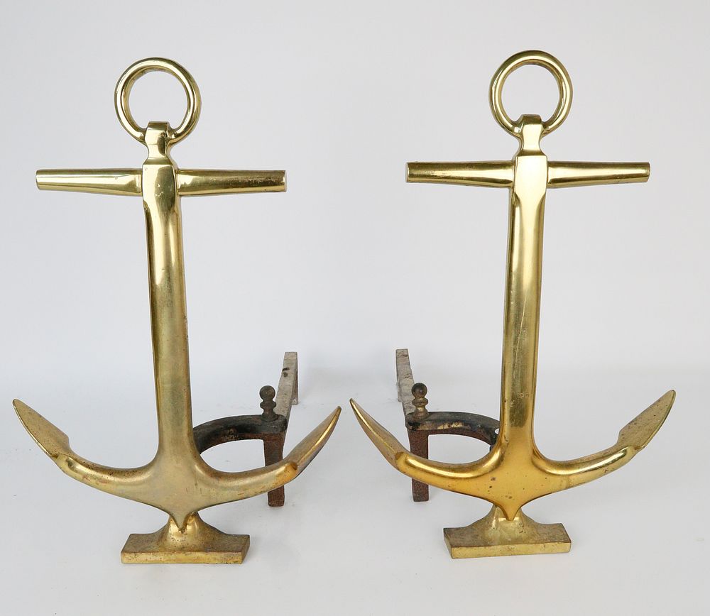 Appraisal: Pair of Mid Century Brass Anchor Andirons Pair of Mid