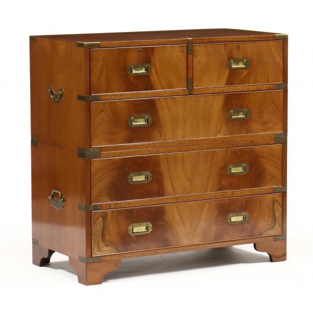 Appraisal: CAMPAIGN STYLE MAHOGANY CHEST OF DRAWERS Contemporary two part form