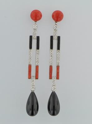 Appraisal: A Pair of Coral and Onyx Diamond Earrings k white